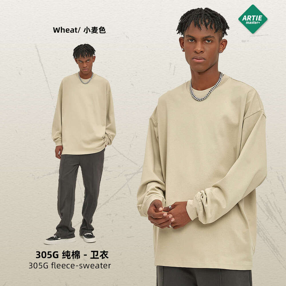 2024 Autumn/Winter Trendy Brand Heavy Weight 305g Loose Long Sleeve T-shirt 12 Color European and American Pure Cotton Top