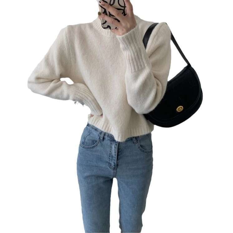 Lazy loose solid color soft sticky short autumn and winter sweet style knitted sweater, European station for women