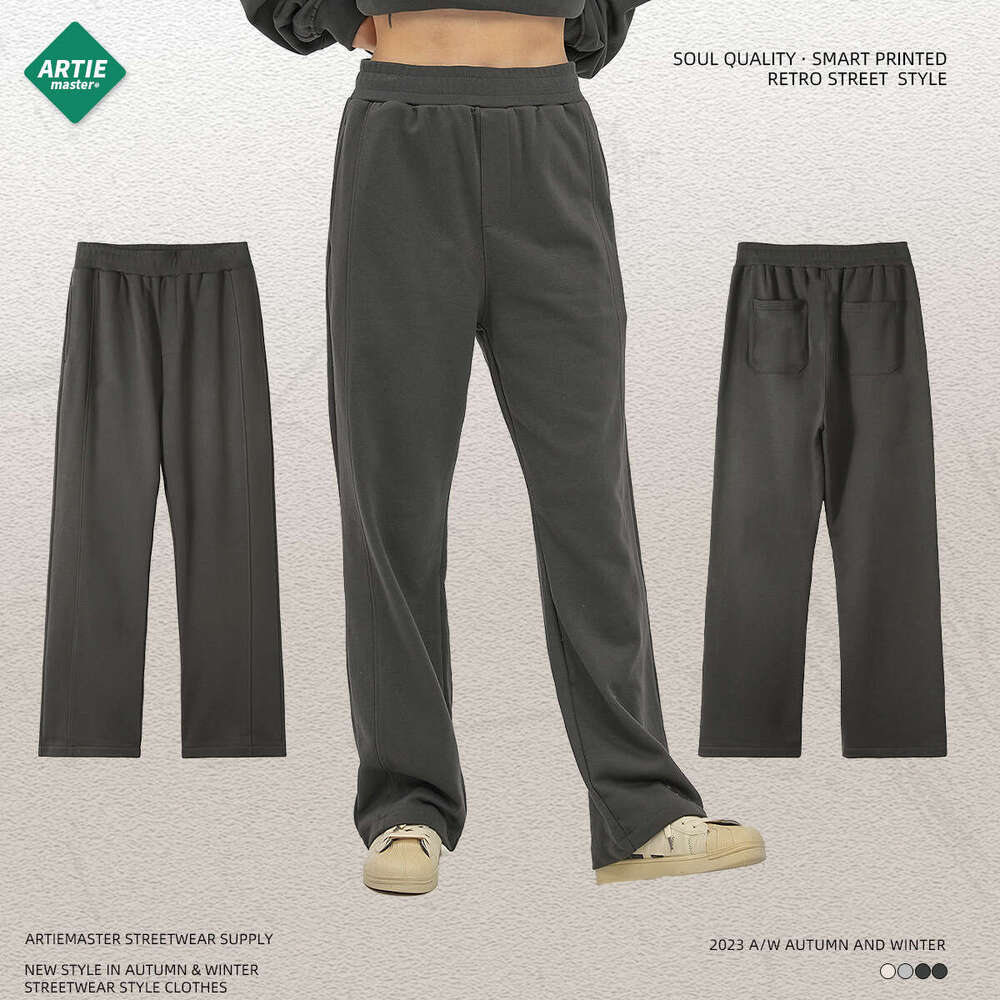 Trendy straight tube loose 350G looped men, spliced wide leg drawstring casual pants for men