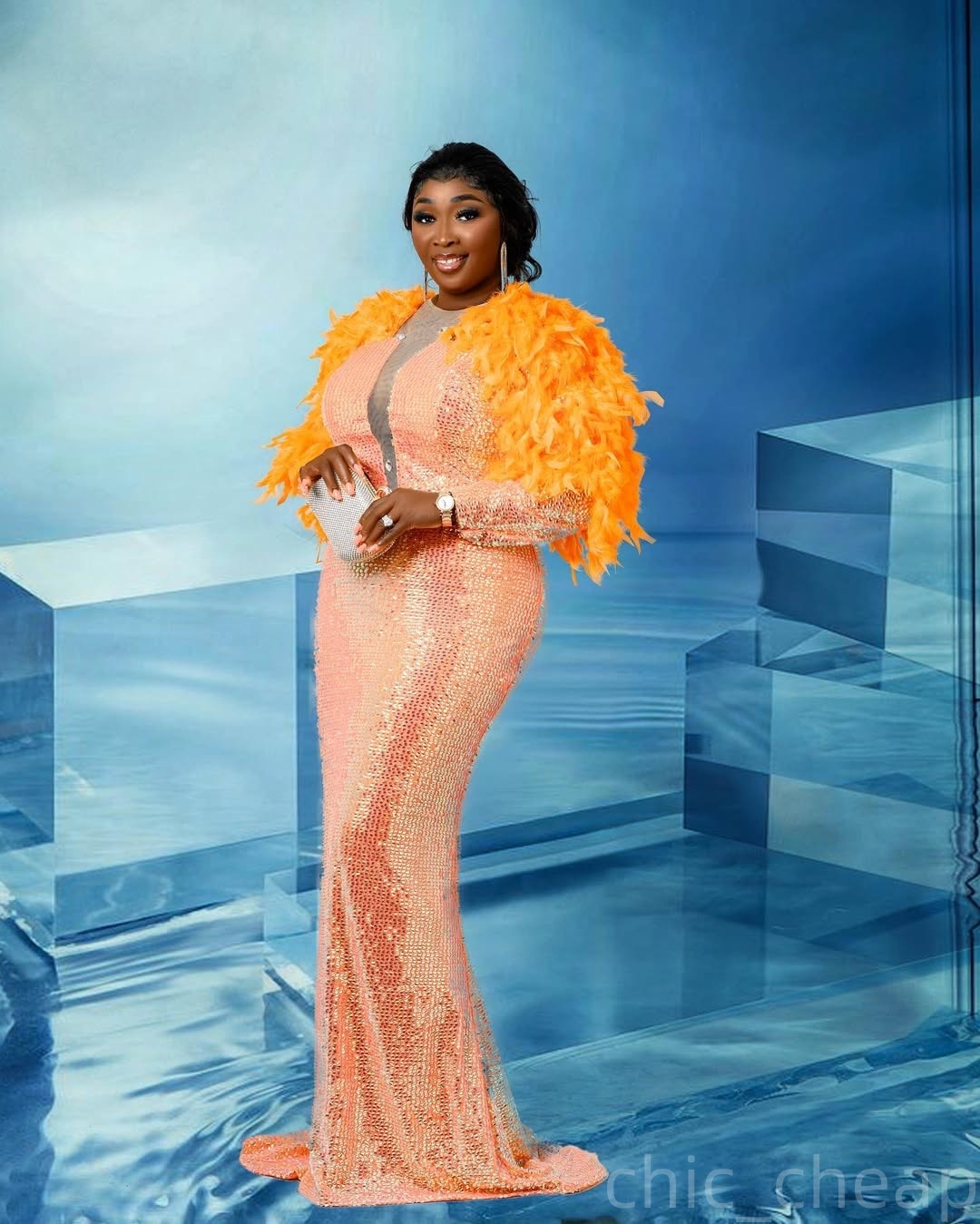 Orange Mermaid Prom Dresses 2025 Feather Sequined Full Sleeves Evening Formal Party Second Birthday Engagement Gowns Plus Size Dress For Special Occas