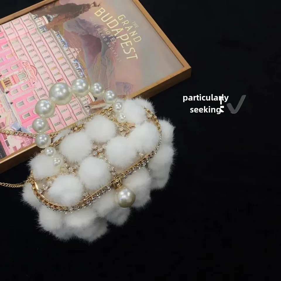 Metal Pearl Mink Fur Bushy Vegetable Basket Bucket Bag Sequins Winking Plush Bird Cage Handheld Crossbody Bag For Banquets 241209