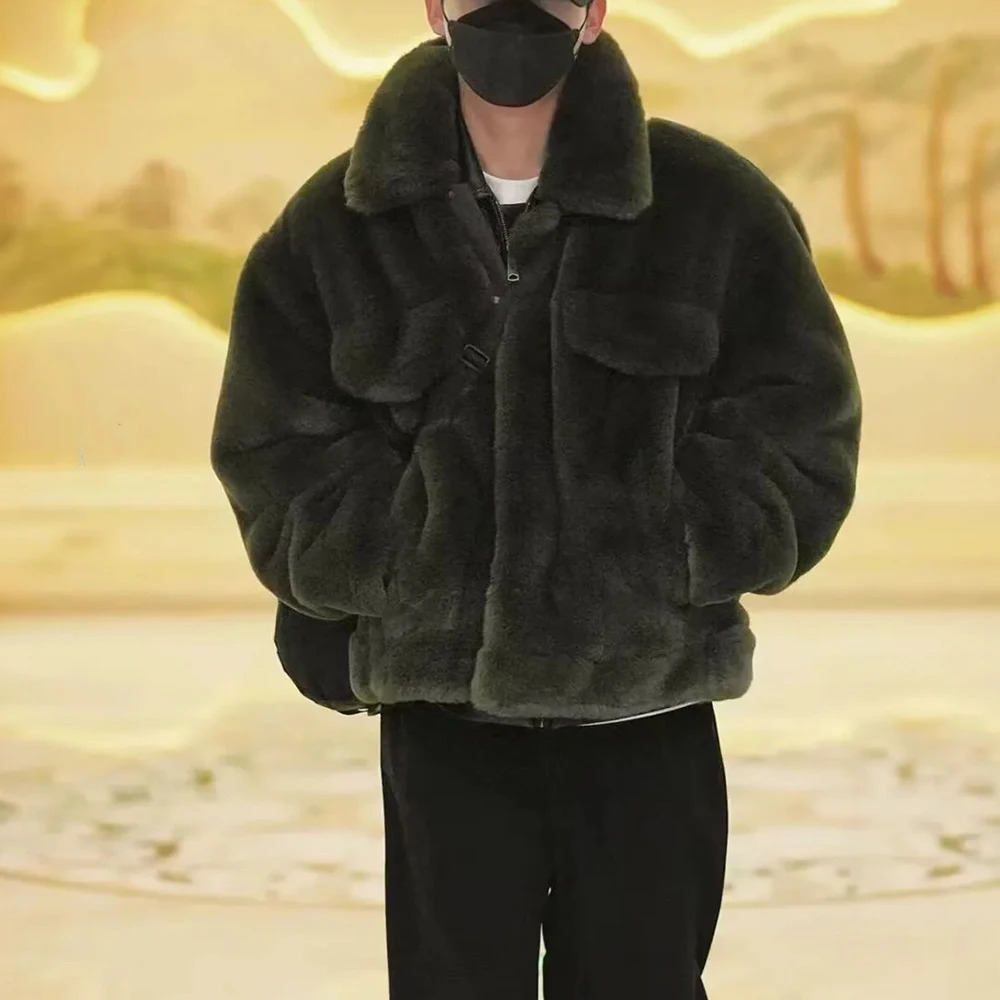 Cold resistant and warm Korean style plush jacket mens autumn winter thick fashion rabbit fur coat 241209