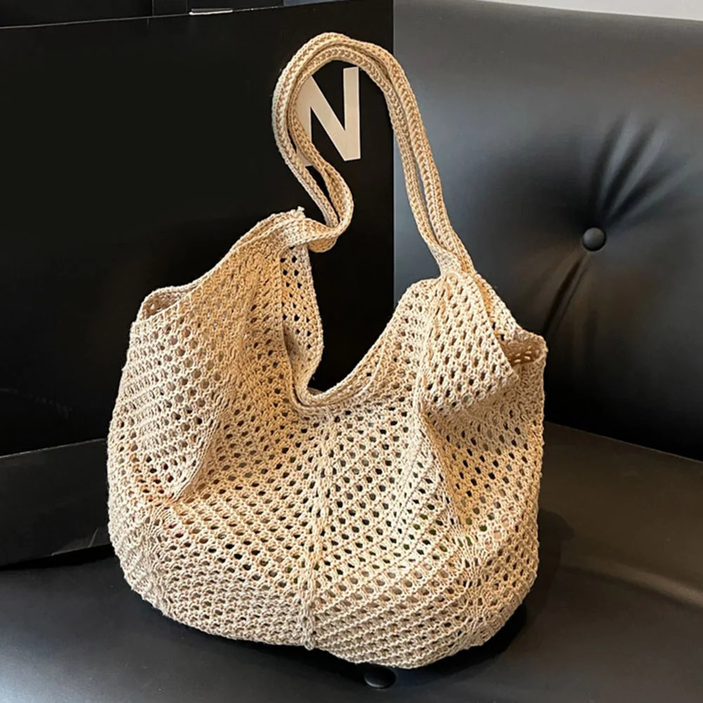 Women Knitting Shoulder Bag Solid Color Crochet Mesh Large Capacity Knitted Tote Handbag Female Outdoor 241203