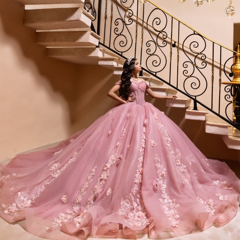 Pink Shiny Quinceanera Dresses Ball Gown Off Shoulder Lace Applique Flower Beads Bow Tull Corset Sweet 16 Vestidos De 15 Anos