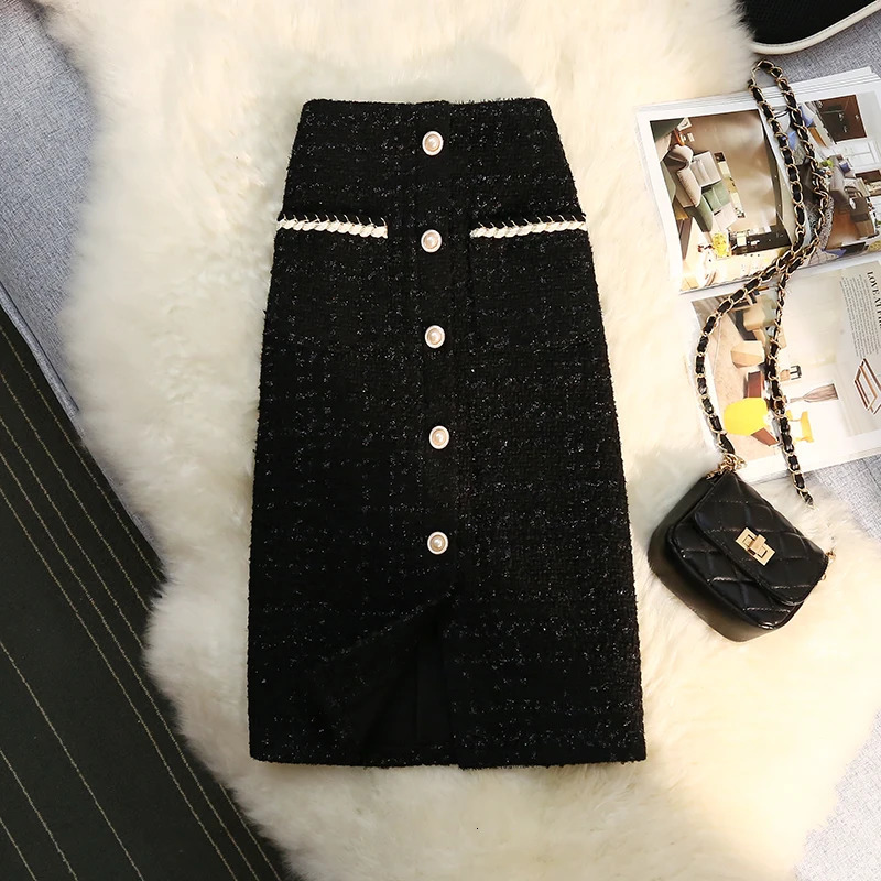 Autumn winter white black tweed womens high waist single chest pocket wool Midi Skirts Jupe Femme Faldas 241210
