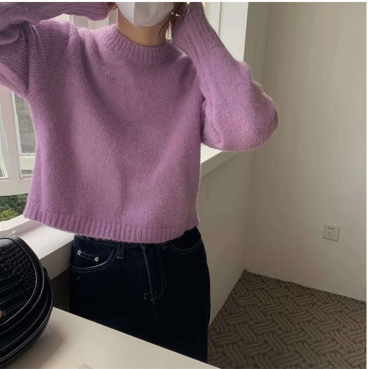 Lazy loose solid color soft sticky short autumn and winter sweet style knitted sweater, European station for women