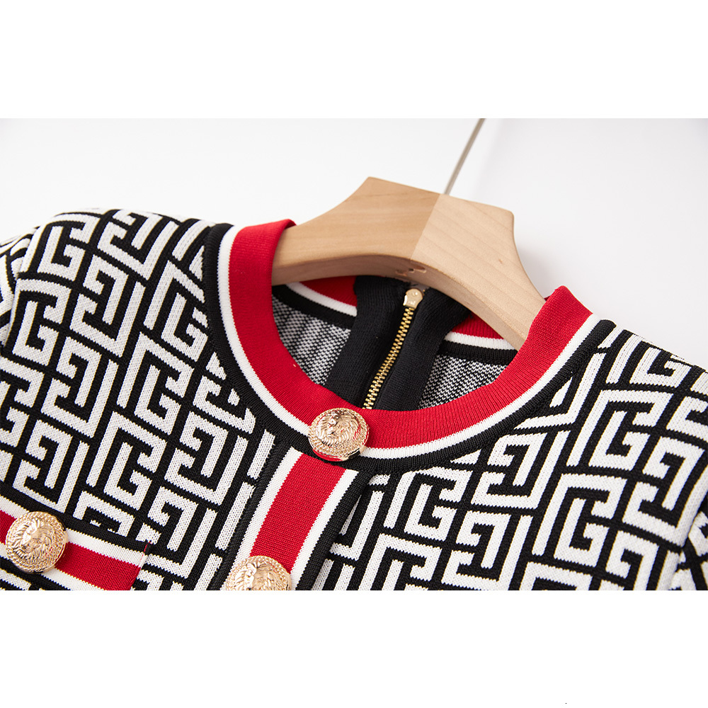 British Vintage Design Short Length Geometrical Pattern Mini Women Summer 2Pcs Skirt Sets Knitting With Shoulder Pad Top Quality
