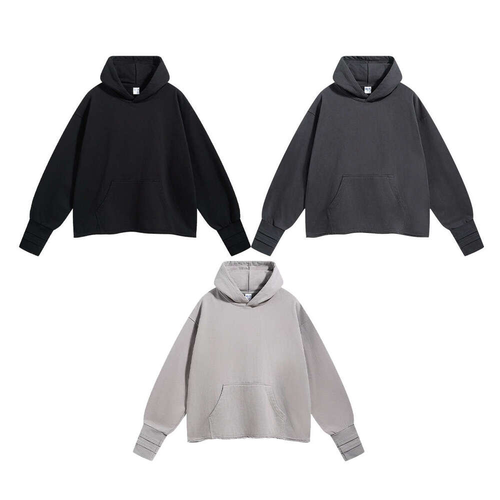 2024 Autumn/Winter Open Finger Hole Stacked Thread Sleeve American Trendy Brand Woolen Loop Destruction Curled Edge Hoodie Men's