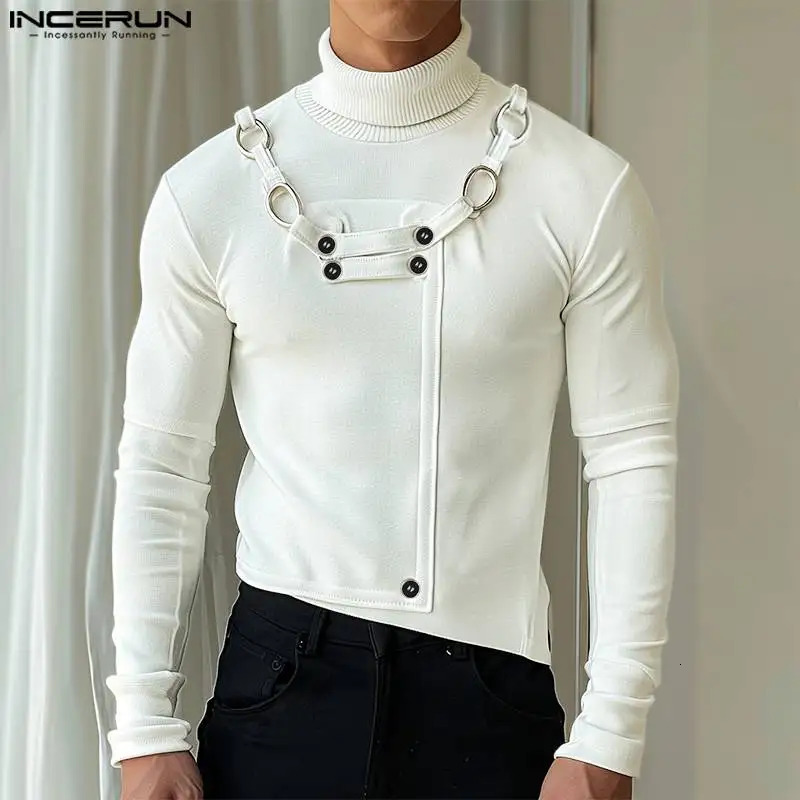 Autumn Fashion Men Clothing INCERUN Metal Buckle Sweaters Casual Streetwear Male Solid High Neck Long Sleeved Pullovers 241209