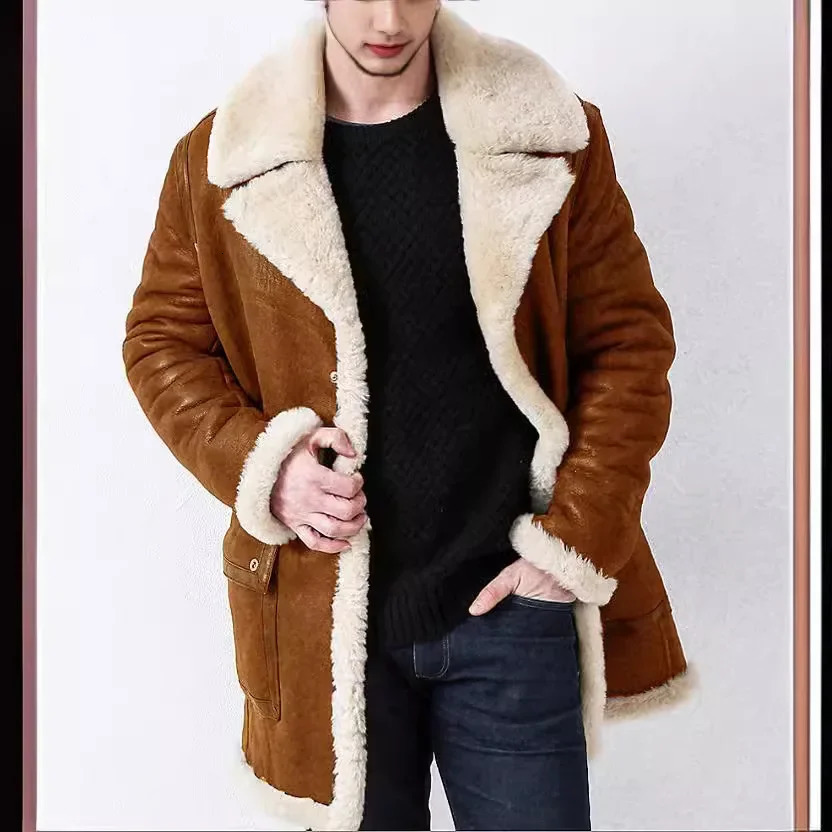 Genuine leather mens jacket style wool mid length with unique collar for autumnwinter warm clothing 241209