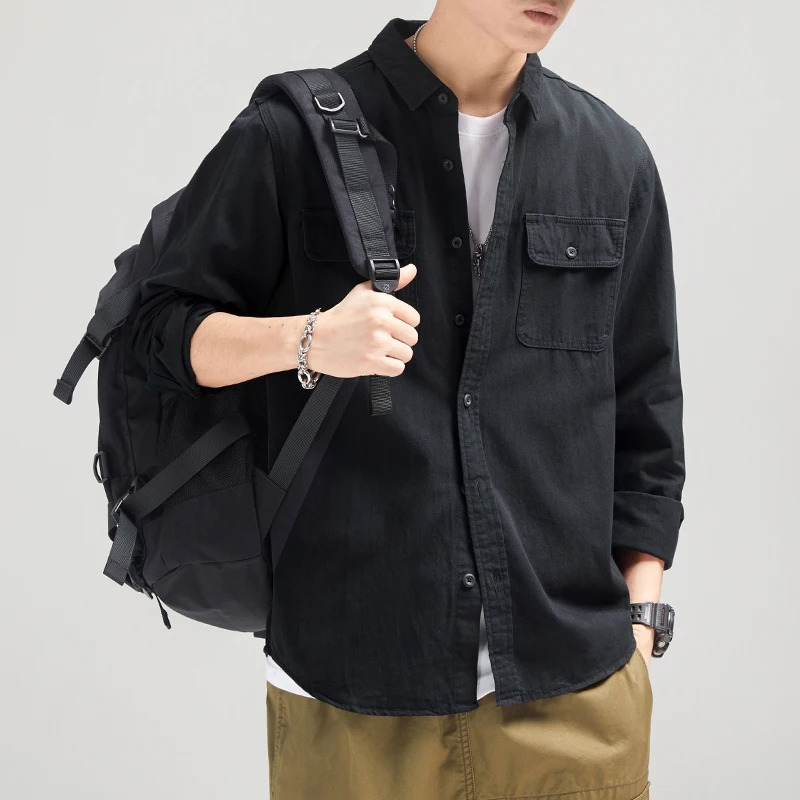 HIQOR 100 pure cotton mens casual shirt 2024 autumn freight clothing khaki retro 241209