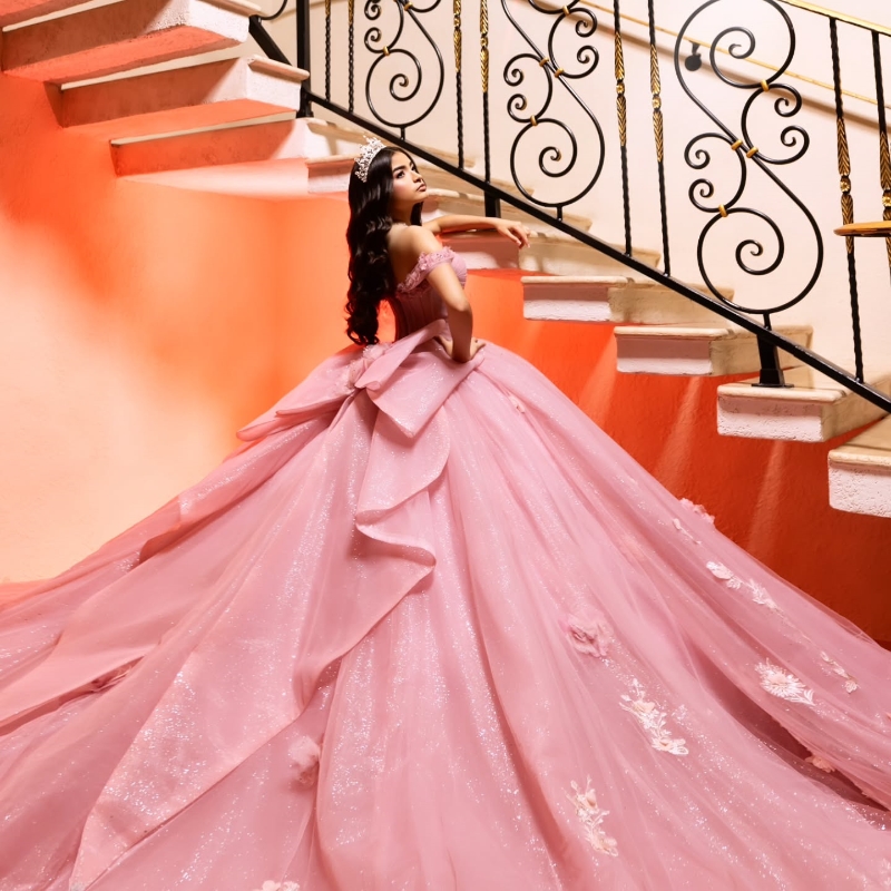 Pink Shiny Quinceanera Dresses Ball Gown Off Shoulder Lace Applique Flower Beads Bow Tull Corset Sweet 16 Vestidos De 15 Anos