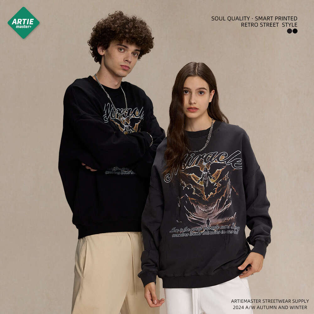 2024 Autumn 430g Grinding Edge Broken Hole Washed Water Printed Round Neck Men's Street Trendy Brand Making Old Thin Sweatshirt for Men