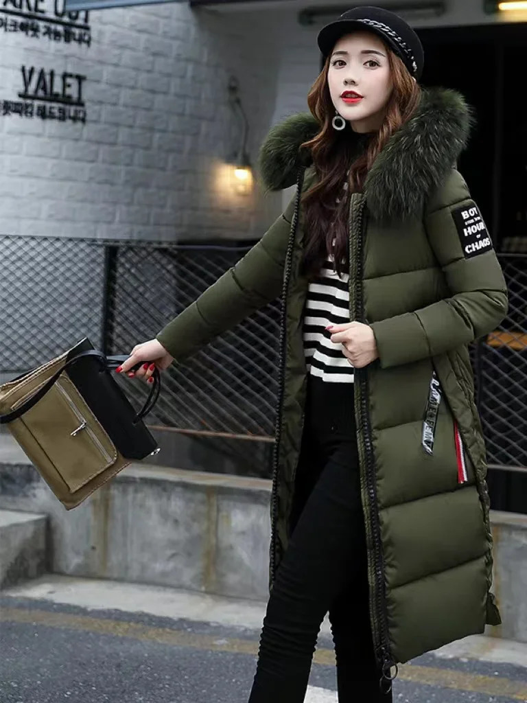 2024 Winter Park Womens Jacket Large Fur Collar Thick Coat Fashionable Hooded Cotton Long Autumn 241209