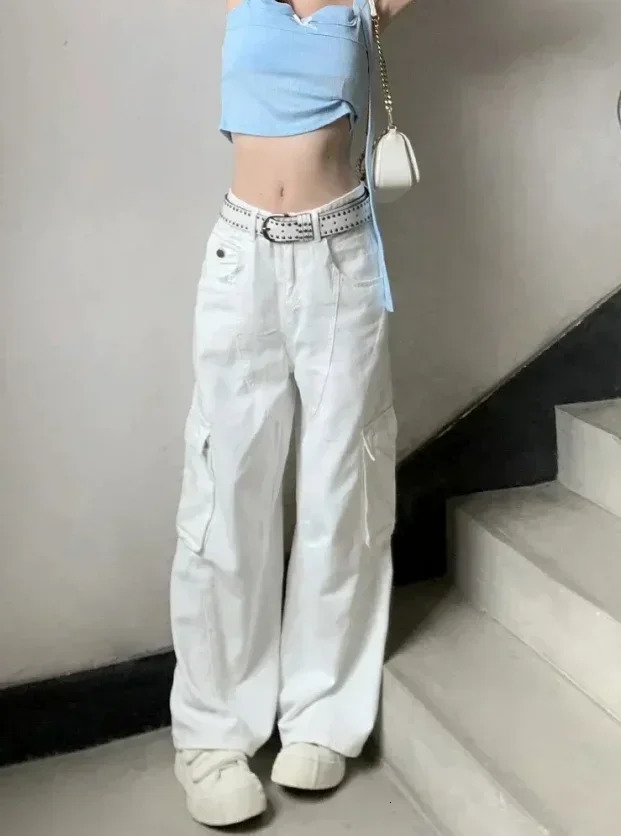 White Cargo Pants High Waisted Jeans Women Vintage Straight Wide Legs Casual Elegant Oversized Fashion Trousers Lady Trouser Z260314