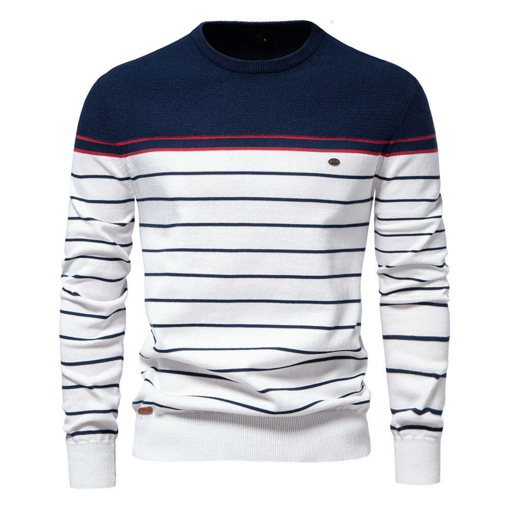 2024 autumn and winter new striped color blocked long sleeved knitted fashionable round neck men's casual sweater