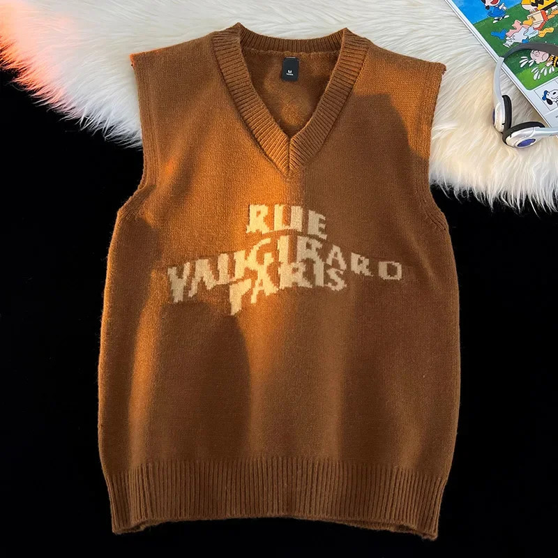 Vneck Sweater Vest Mens Fall Winter Trend Casual College Style A Base Embroidered Letter Comfortable 241209