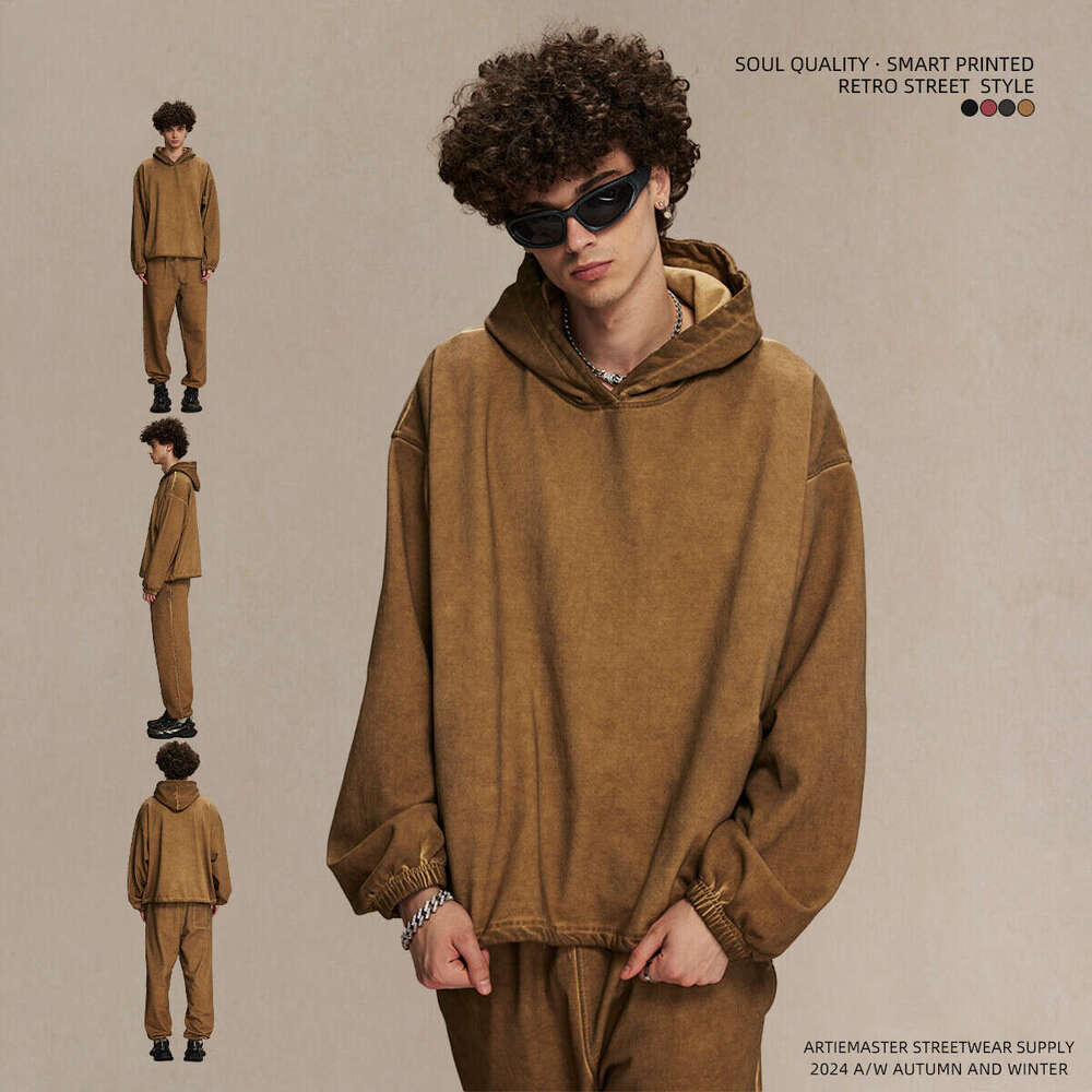 2024 Autumn American Trendy Brand Woolen Hoop 450g Dirty Dyeing Stir Fry Color Men's Hoodie, niche design sense, plus size men's clothing