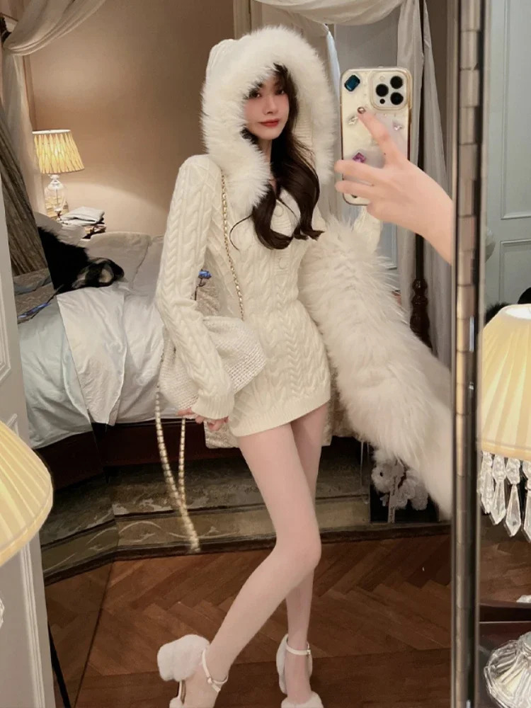 2023 Winter Knitted Sweater with Hoodie Womens Ultra Thin Body Y2k Mini Dress Artificial Fur Korean Elegance 241209