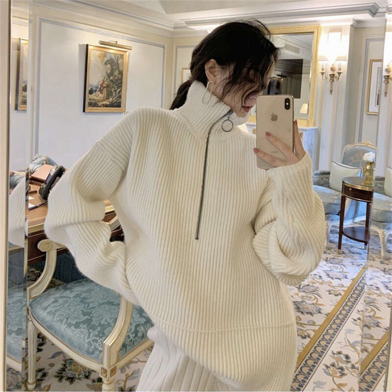 Korean style autumn and winter new loose fitting pullover high neck design, zipper pit stripe knit sweater, thick women's clothing for external w