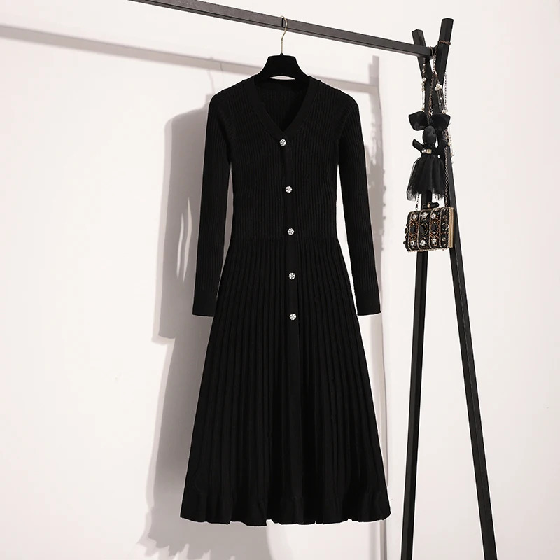 Autumn winter elegant solid knit sweater long sleeved womens V-neck long sleeved high waisted pleated knit dress 241206