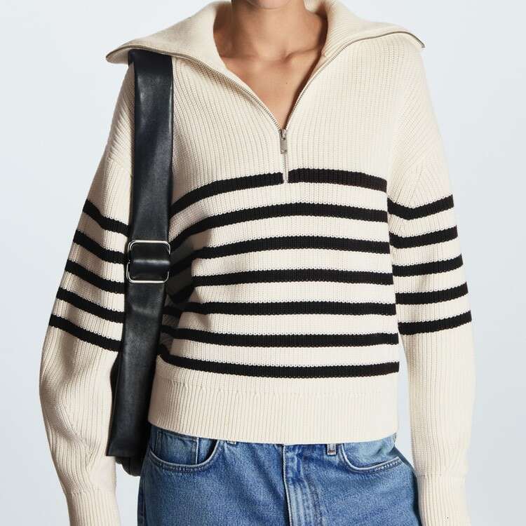 Autumn winter European and American women's clothing new open neck knitted retro striped loose commuting zipper big lapel pullover sweater