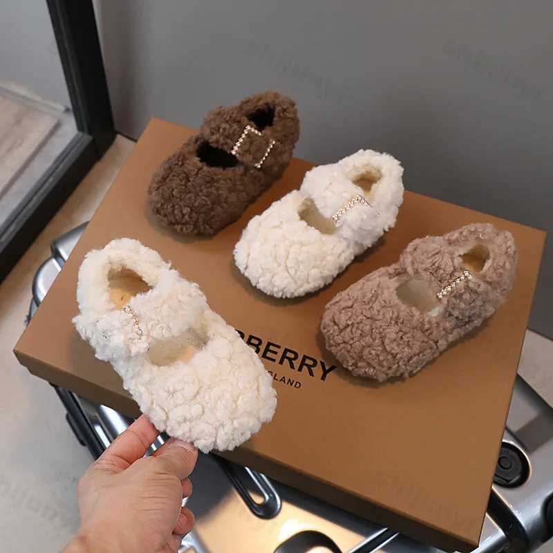 Fashion Rhinestone Buckle Flats 2024 Winter New Children Fur Cover Toe Light Warm Kids Casual Shoe Plush Non-slip Mary Jane ShoeXJ241209