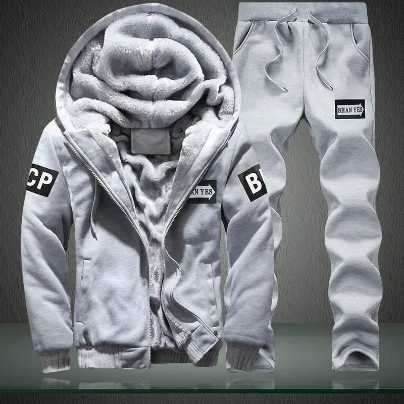 Fleece Men Set Fashion Tracksuit Lined Thick Sweatshirt Pants Sportswear Suit Male Winter Warm Hooded Outerwear 241209