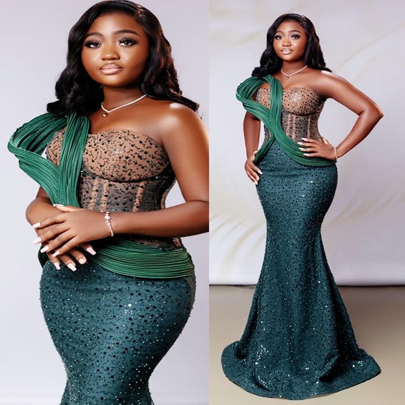 2025 Plus Size Aso Ebi Green Prom Dresses For Special Occasions Mermaid Evening Dresses Strapless Sequined Lace Birthday Dress Second Reception Gown A