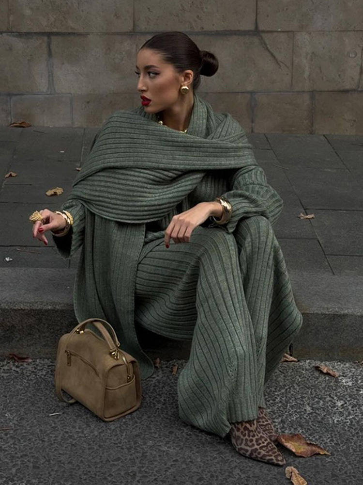Knitted Pants Skirt Suit Women Fashion Scraf Collar Long Sleeve Lady Two Piece Set New Antumn High Street Sweater Pullover