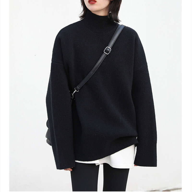 Korean style semi high neck thick for women, with a lazy autumn winter feel, loose medium length style, soft and sticky base knit sweater