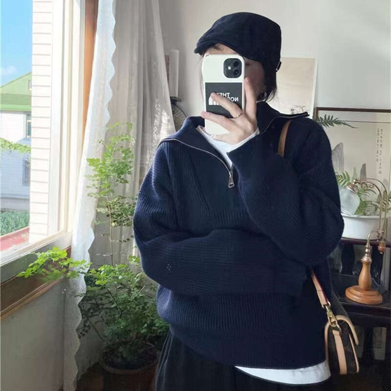 Half zipper stand up collar women's autumn winter new Korean version simple and lazy style loose casual pullover knitted sweater top