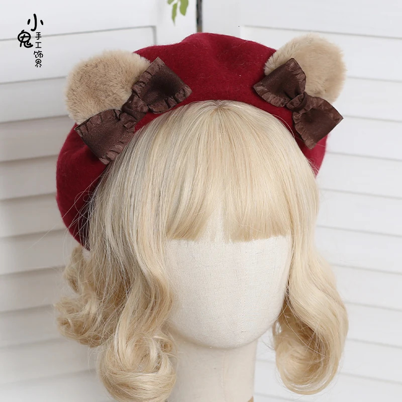 Japanese Cute Bear Ears Beret Female Cute Girl Wool Butterfly Painting Hat Warm Winter Hat 241209