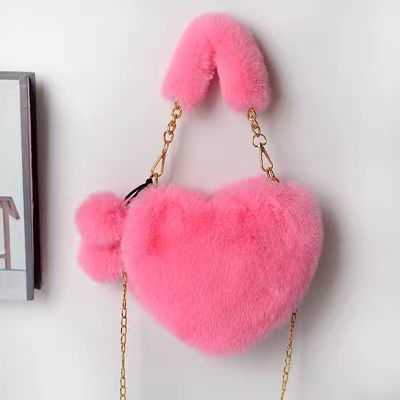 Love handbag imitation otter rabbit furry one shoulder diagonal cross mobile phone bag girl peach heart plush chain bag