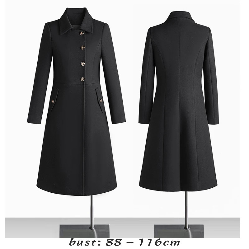 High quality wool blend long trench coat for women big size single breasted winter 2023 elegant clothes black grey blue 241202