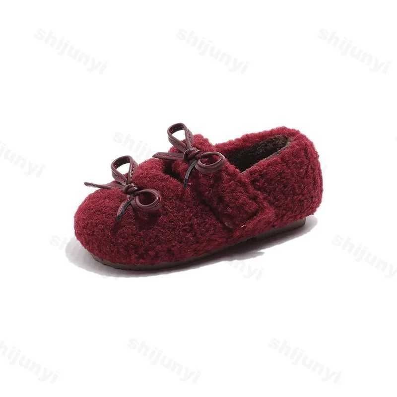 New 2025 Winter Children Fashion Bowknot Flat Shoes Fur Cover Toe Light Warm Kids Casual Shoe Plush Non-slip Comfy Girls ShoesXJ241209