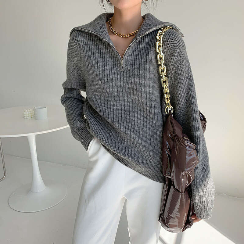 Autumn winter European and American women's clothing new open neck knitted retro striped loose commuting zipper big lapel pullover sweater