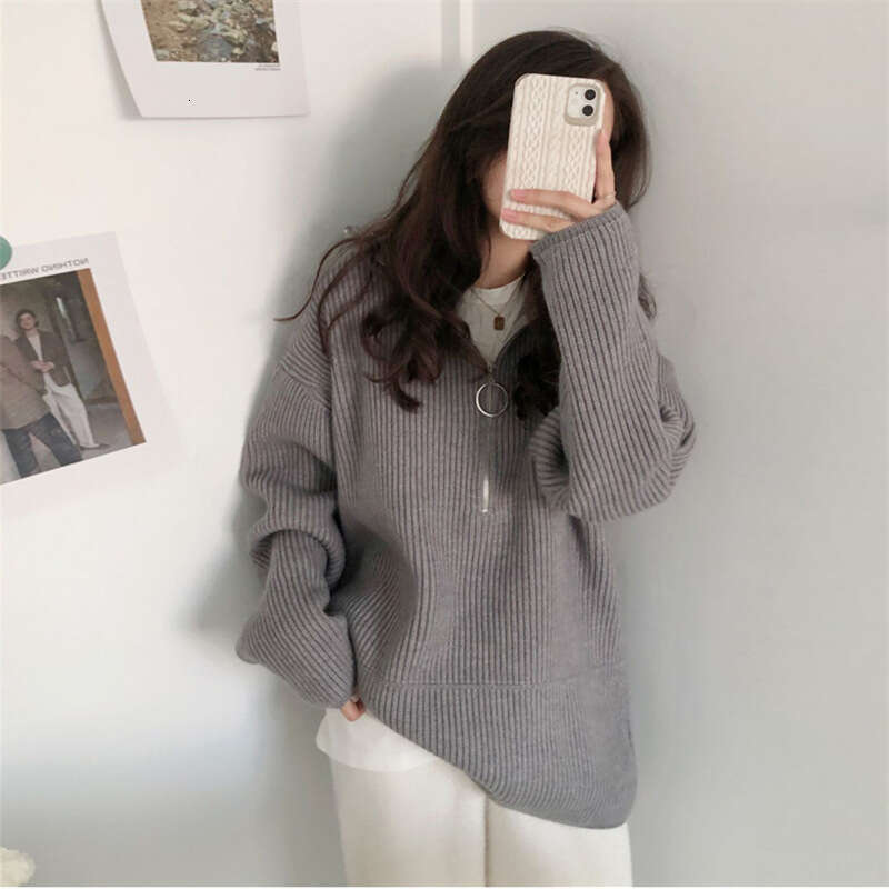 Korean style autumn and winter new loose fitting pullover high neck design, zipper pit stripe knit sweater, thick women's clothing for external w