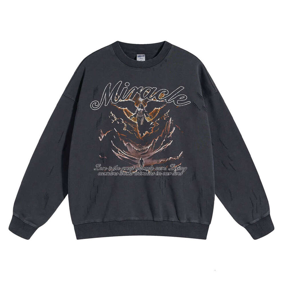 2024 Autumn 430g Grinding Edge Broken Hole Washed Water Printed Round Neck Men's Street Trendy Brand Making Old Thin Sweatshirt for Men