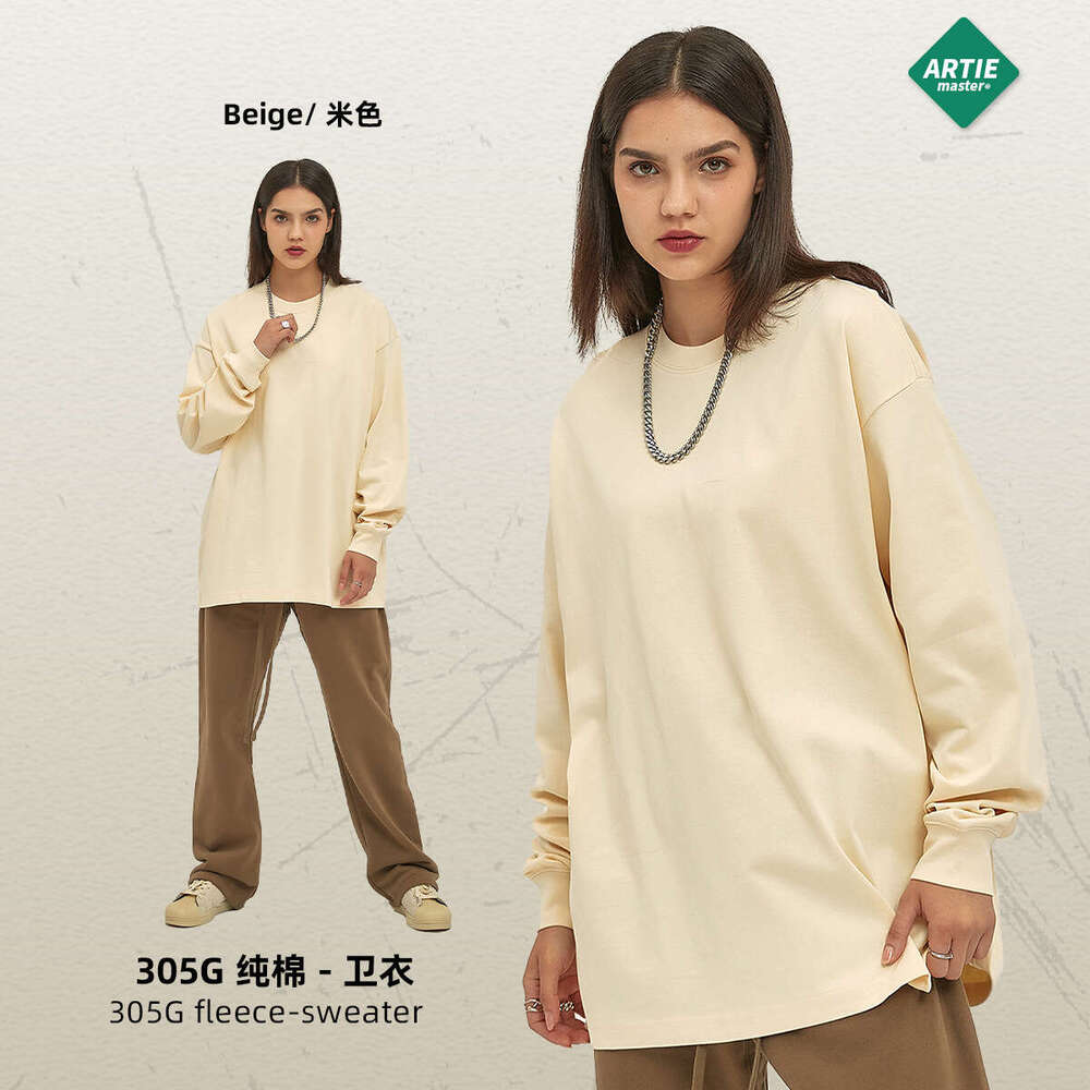 2024 Autumn/Winter Trendy Brand Heavy Weight 305g Loose Long Sleeve T-shirt 12 Color European and American Pure Cotton Top