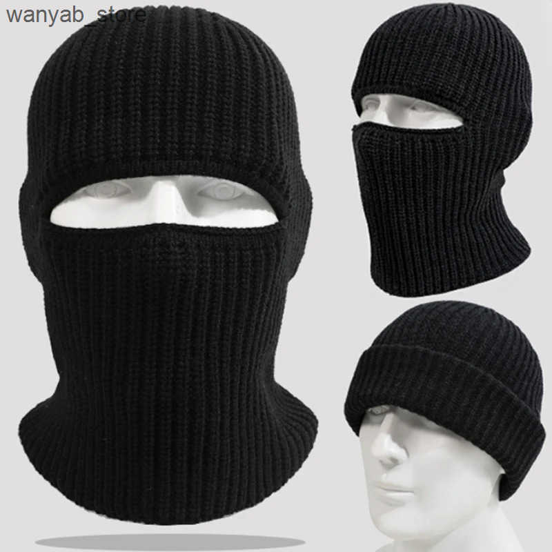 Stingy Brim Hats 2-in-1 Mask Beanies Hat Mens Winter Balaclava Hat Knitted Hat Fashion Full Face Ski Hat Tactical Bicycle Ear Hood Knitted L240910