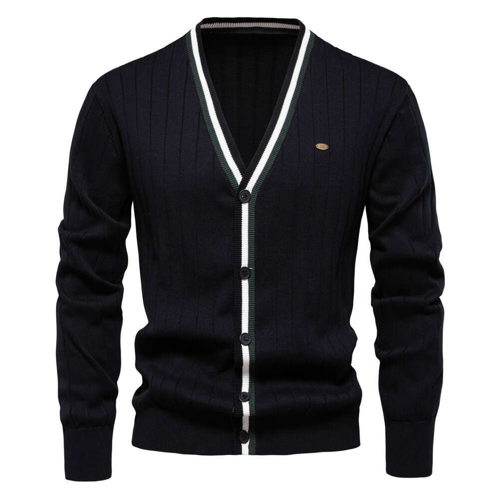 2024 autumn and winter new cardigan V-neck long sleeved sweater trendy style contrasting border men's knitted jacket