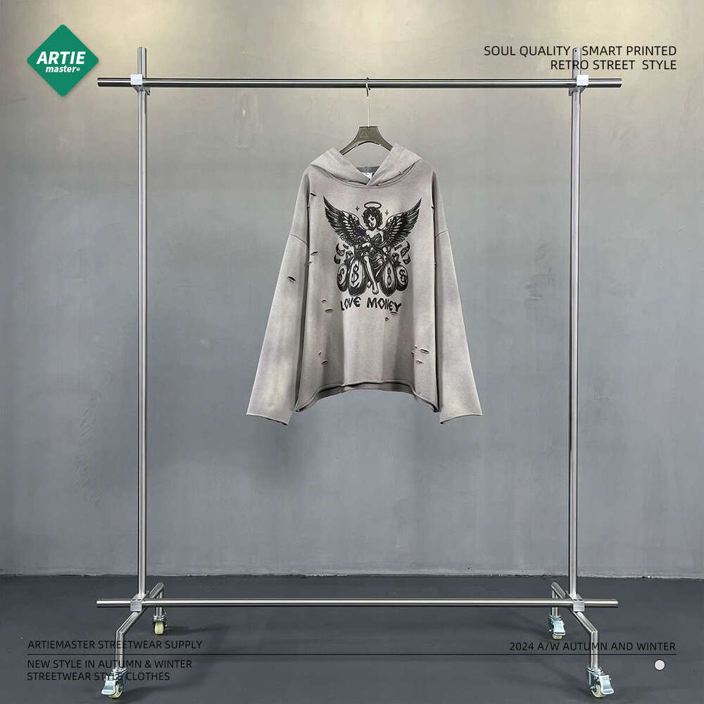 2024 autumn irregular hole frayed edge vintage spray horse chesut print 450G hooded street fashion retro men's and women's hoodie