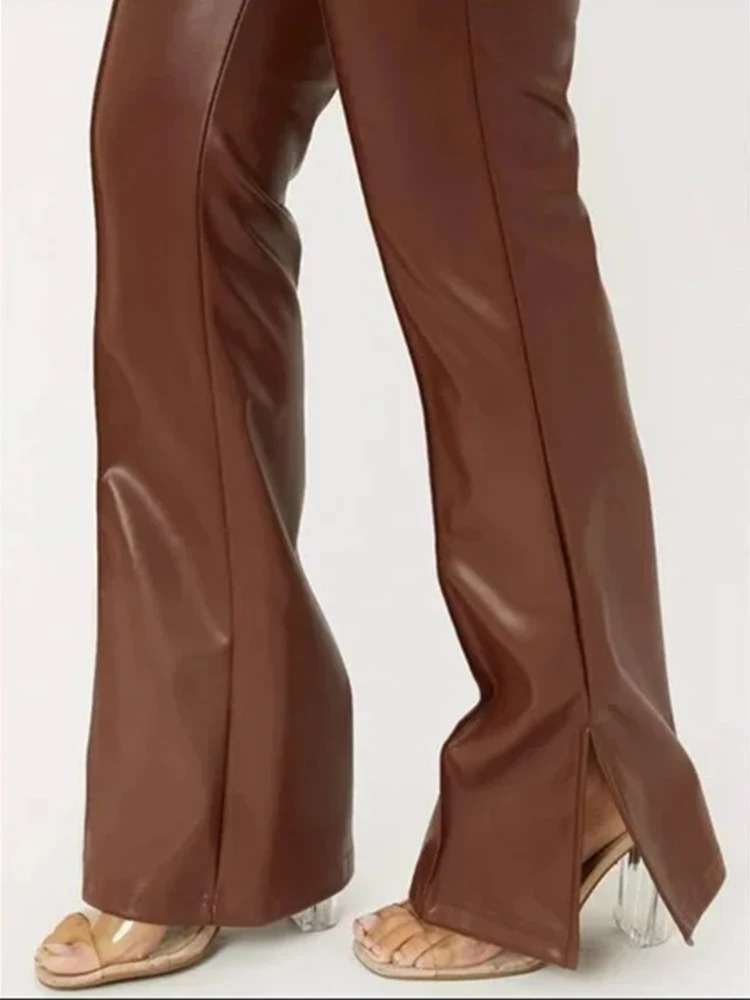 Retro matte leather Trousers high waisted brown elastic PU ultrathin pants with side split hem for womens tight legs customization 241209