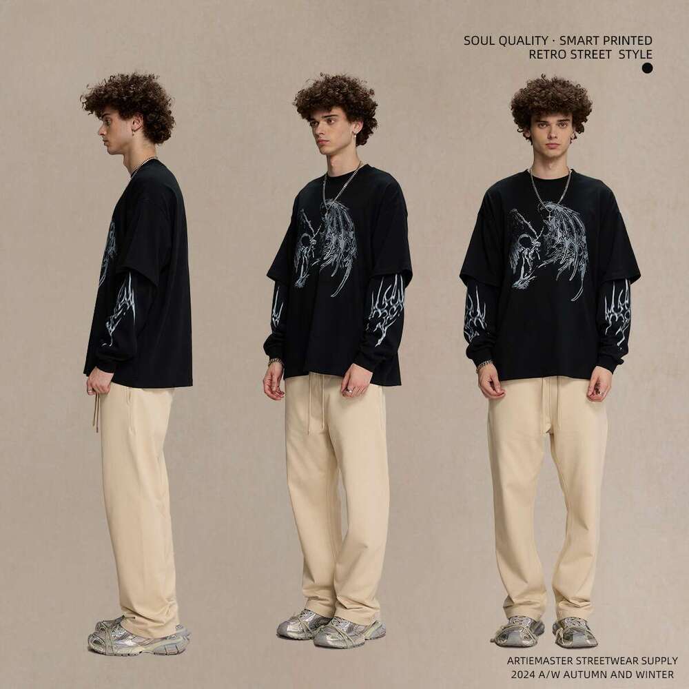 2024 Autumn New Trendy Brand Fake Two piece Long sleeved T-shirt Men's Loose Printed Bottom Shirt