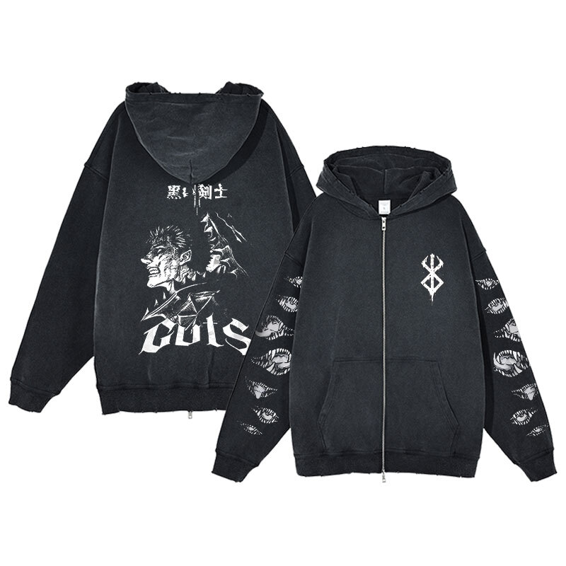 Anime Berserk Acid Wash Hoodie Zip Up Men Women Fashion Long Sleeve Haruku Goth Clothing Aesthetic Streetwear Jacket Oversized
