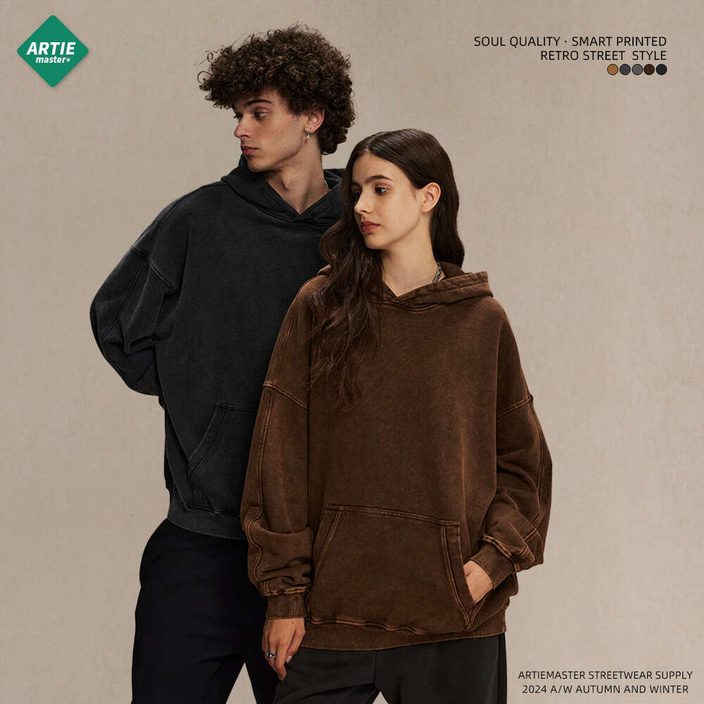 Heavy weight 420G vintage hooded sweatshirt for men, loose fitting batik washed men's trendy brand top