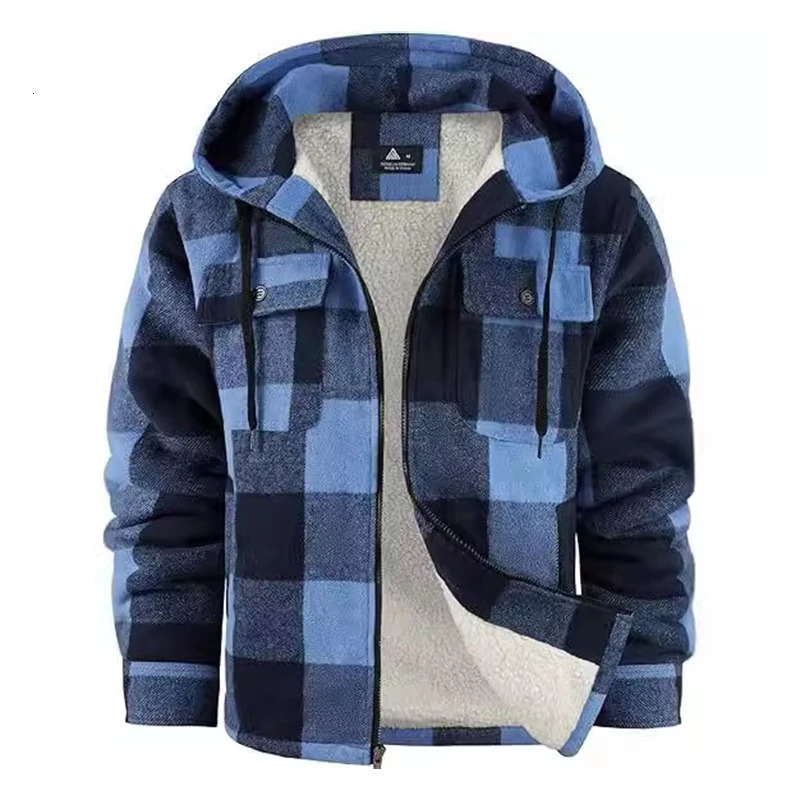 Fall Winter Mens Warm Outerwear Fleece Lining Flannel Plaid Coats For Men Stylish Long Sleeve Zipper Hooded Jacket Coat 241209