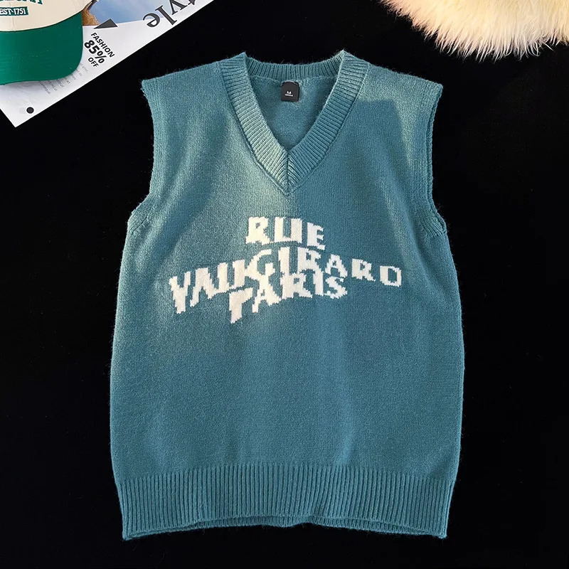 Alphabet Solid Pattern Mens VNeck Sweater Daily Versatile Sleeveless Knit Fashion Simple Jacquard n Vest 241209