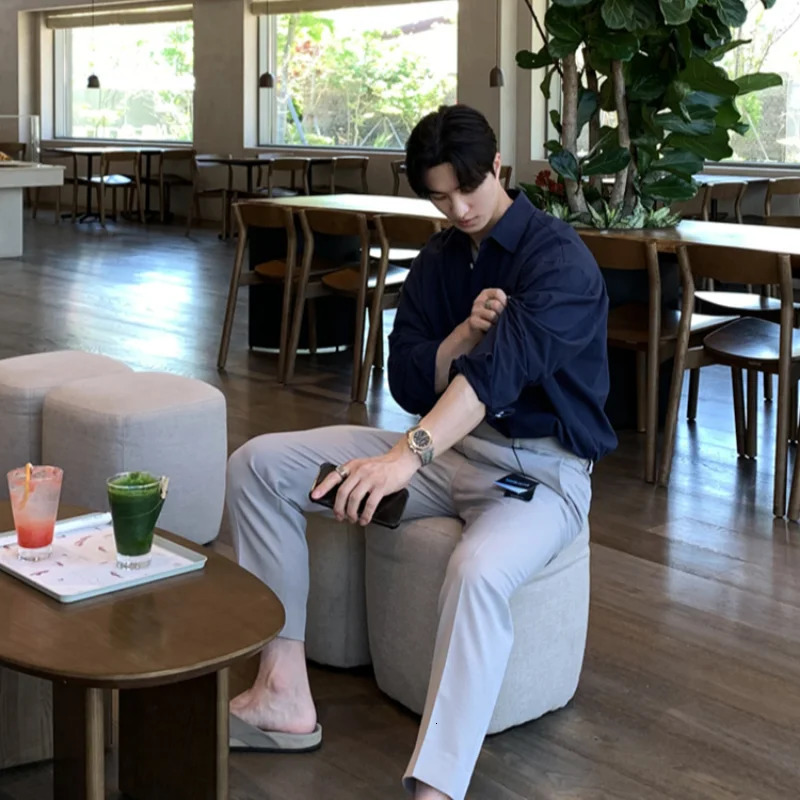 Product Style Mens Shirt Navy Blue Simple Korean Fashion Loose Japanese Harajuku Long Sleeve Cotton Business Intelligence Casual Handsome 241209